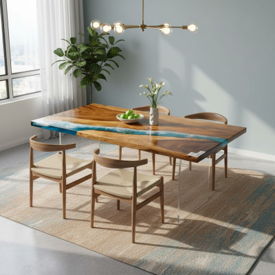 Table de salle à manger Table de rivière en bois massif Tables en résine époxy solide 161x81 nouveau
