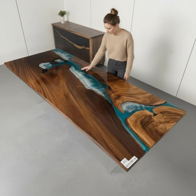 Table de rivière en résine époxy véritable en bois massif Tables en eau bleue en époxy