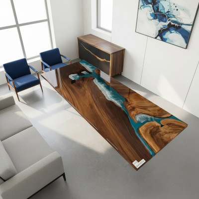 Table de rivière en résine époxy véritable en bois massif Tables en eau bleue en époxy