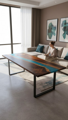 Tables modernes Table de salle à manger Table de design Résine de rivière de mer Mobilier 220x90