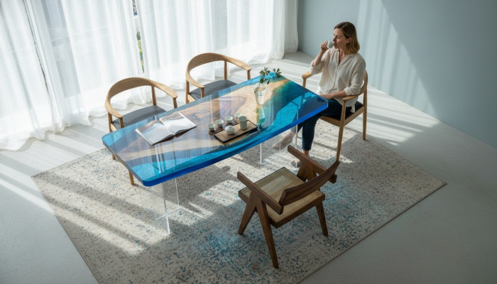 Table à manger Blue River Table Bois véritable 200x90 Tables Résine époxy nouvelle