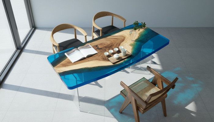 Table à manger Blue River Table Bois véritable 200x90 Tables Résine époxy nouvelle