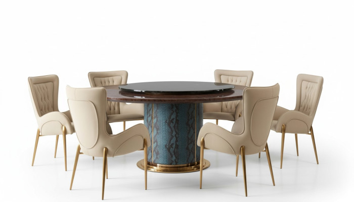 Table ronde design 6 chaises 6x fauteuils salle à manger assise Suite rembourrée ronde