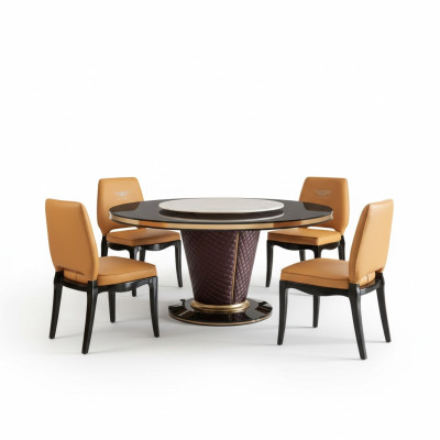 Salle à manger de designer de luxe avec table à manger ronde et 6 chaises inclinables en métal