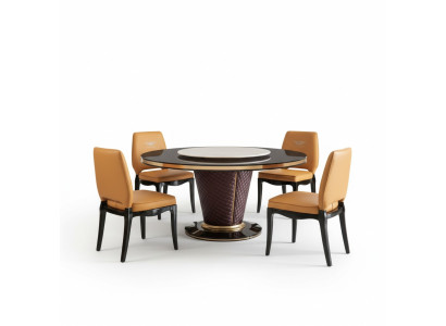 Salle à manger de designer de luxe avec table à manger ronde et 6 chaises inclinables en métal