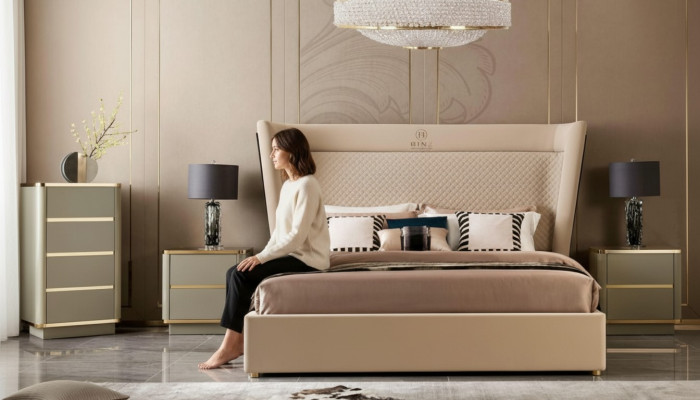 Chambre Hôtel Lits Lit Double Design Bois Tissu Lits 180x200cm