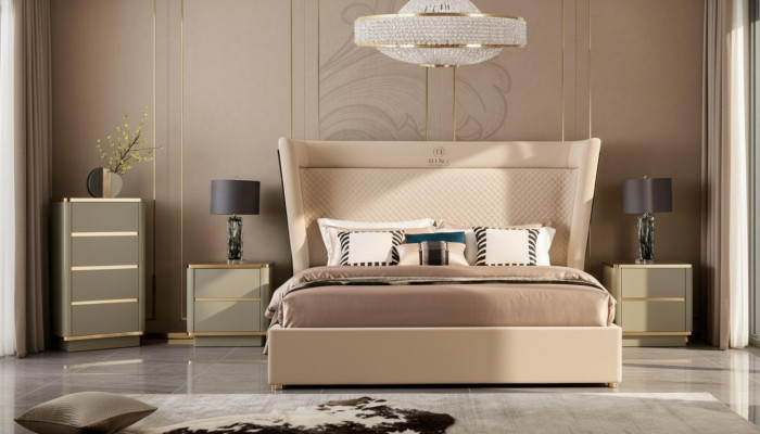 Chambre Hôtel Lits Lit Double Design Bois Tissu Lits 180x200cm