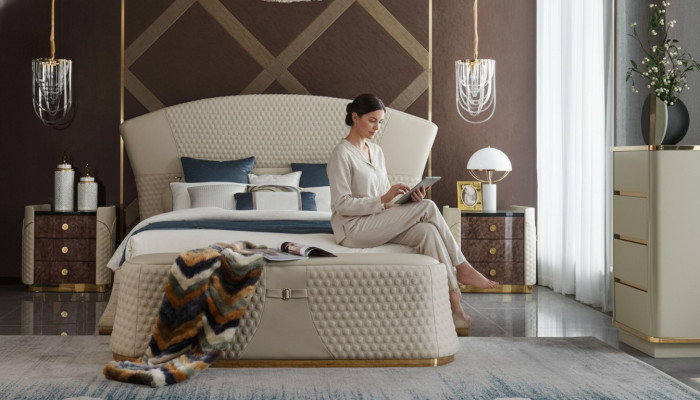 Chambre Lit Tabouret 2x Table de chevet Ensemble complet Mobilier en cuir