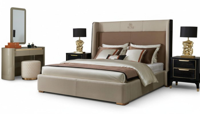 Lit Ensemble de chambre à coucher Design Mobilier Lits de luxe 2x Table de chevet Cadre de lit 3 pièces