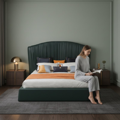 Design de literie de lit de luxe Beige 180x200 Chambre de sommeil en cuir d'hôtel