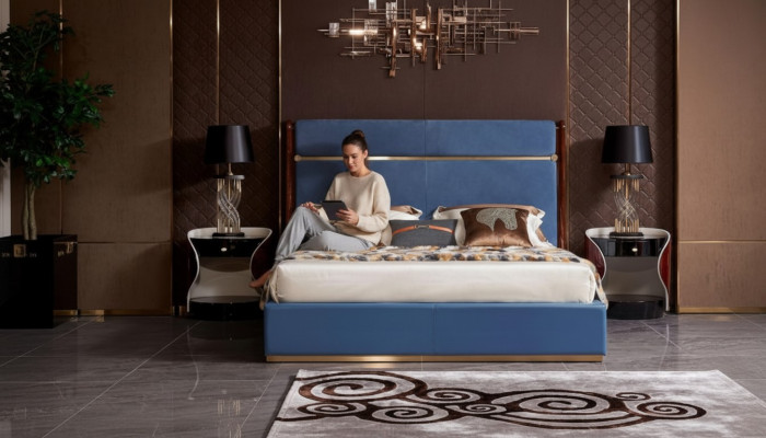 Ensemble complet de luxe pour chambre à coucher : Lit design avec 2 tables de chevet 3 pièces.