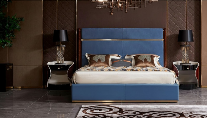 Ensemble complet de luxe pour chambre à coucher : Lit design avec 2 tables de chevet 3 pièces.