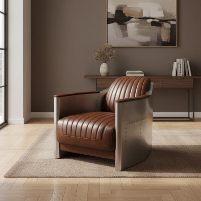 Fauteuil en cuir véritable Canapé Sofa Club d'avion Salon rétro Aviateur Vintage Aluminium