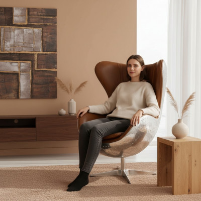 Chaise coquille vintage en aluminium véritable en cuir fonction bascule fauteuil œuf marron œuf