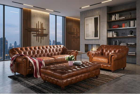 Ensemble de canapé 3 places Chesterfield Suite en anglais Vintage Sofa Fauteuil