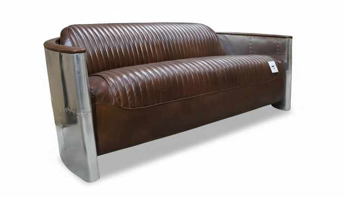 Canapé en cuir véritable, design en cuir, canapé 3 places, canapé vintage en aluminium style avion en métal