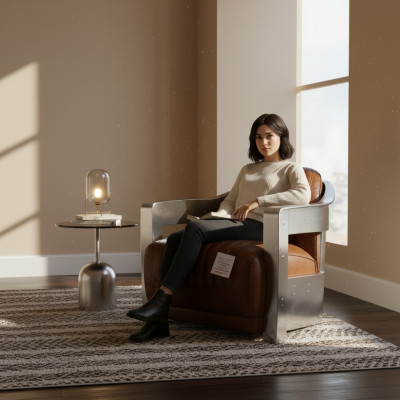 Fauteuil en cuir véritable Design Vintage Fauteuil de designer aviateur Meuble en cuir