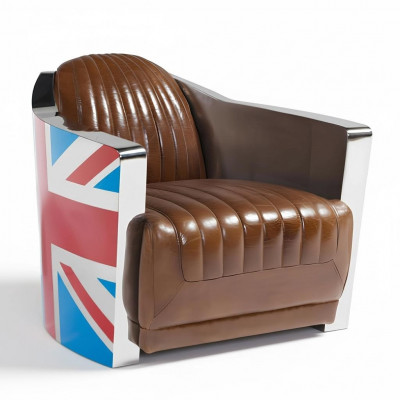 Le fauteuil club rétro aviateur Union Jack en cuir marron vintage.