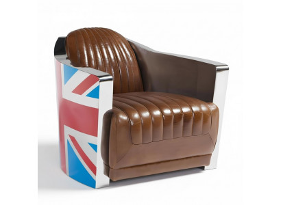 Le fauteuil club rétro aviateur Union Jack en cuir marron vintage.
