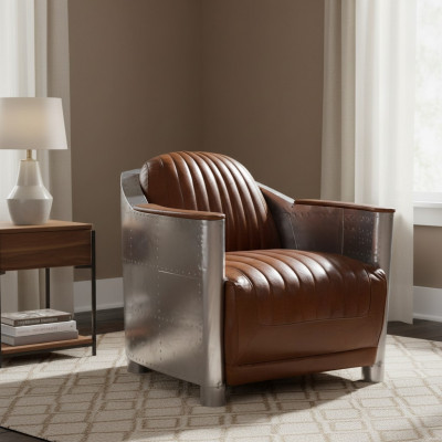 Fauteuil Cuir véritable Canapé Canapé club Lounge Rétro Aviateur Vintage Aluminium Avion