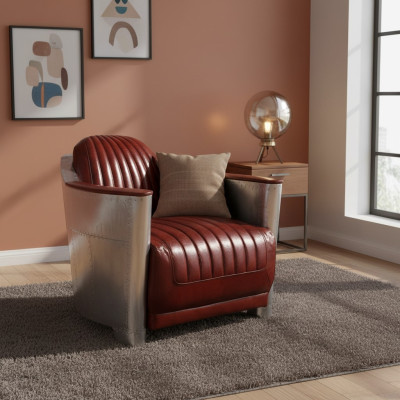 Canapé fauteuil cuir véritable Canapé club Salon rétro Aviateur vintage Avion en aluminium
