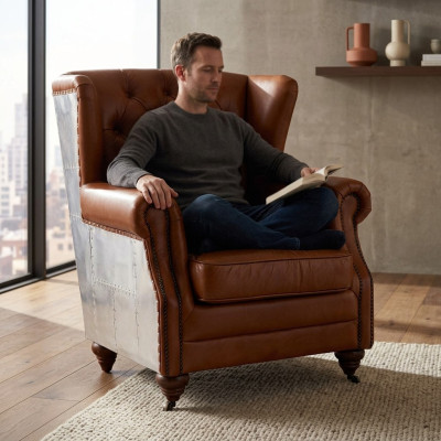 Fauteuil à oreilles en cuir véritable vintage, Fauteuil Cigar Fauteuil TV Fauteuil en cuir.