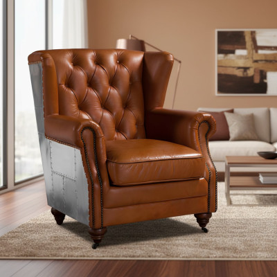 Fauteuil à oreilles en cuir véritable vintage, Fauteuil Cigar Fauteuil TV Fauteuil en cuir.