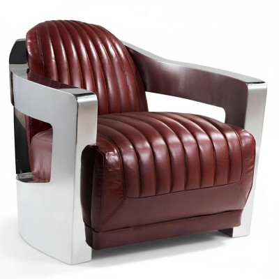 Chaise de pilote aviateur vintage en cuir rouge vieilli authentique