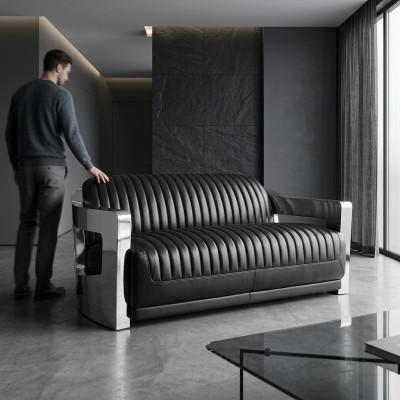 Canapé en cuir canapé trois places canapé Aviator Avion Mobilier en aluminium Vintage.