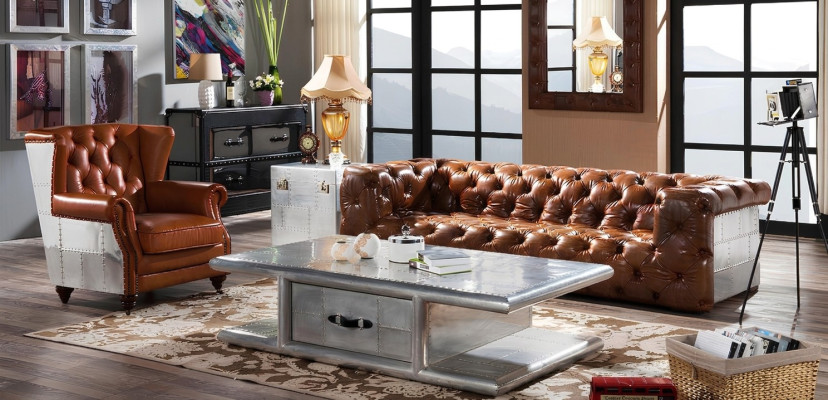 Canapé en cuir Canapé 3 places Mobilier en cuir vintage Canapé trois places Canapé en aluminium