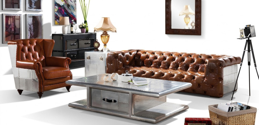 Canapé en cuir Canapé 3 places Mobilier en cuir vintage Canapé trois places Canapé en aluminium