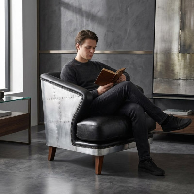 Fauteuil de club en cuir noir Chaise en cuir fauteuil vintage Mobilier Relax