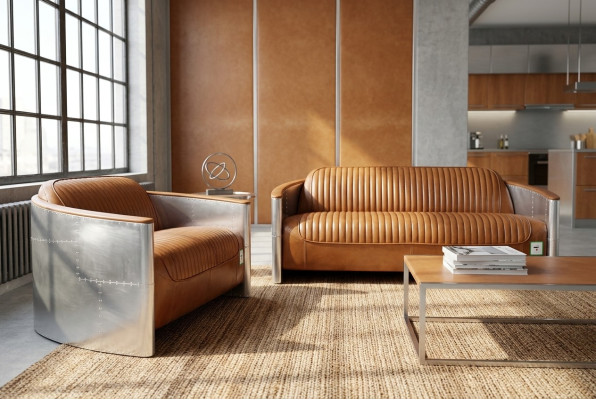Luxueux Ensemble de canapés en cuir en aluminium vintage Mobilier métallique Canapés Canapés Rembourrage