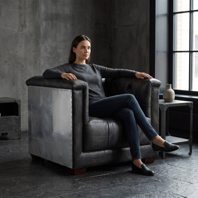 Fauteuil en cuir noir véritable, fauteuil en cuir design aviateur