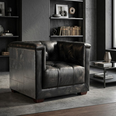 Fauteuil en cuir noir véritable, fauteuil en cuir design aviateur