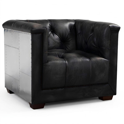 Fauteuil en cuir noir véritable, fauteuil en cuir design aviateur