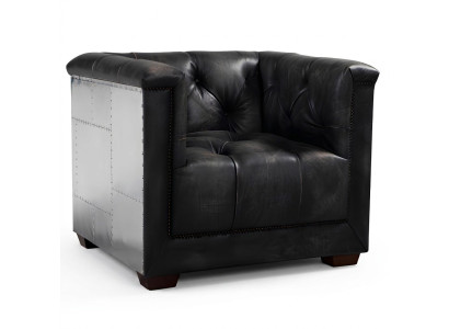Fauteuil en cuir noir véritable, fauteuil en cuir design aviateur