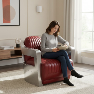 Fauteuil club vintage en cuir rouge en cuir véritable de design rétro siècle de l'aviation