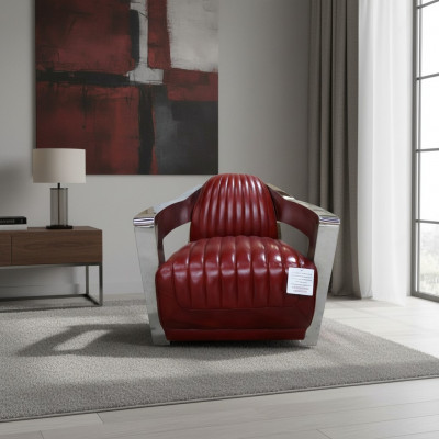 Fauteuil club vintage en cuir rouge en cuir véritable de design rétro siècle de l'aviation