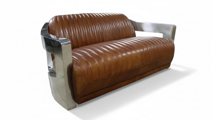 Canapé Vintage Canapé 2 places en cuir de style rétro Cuir véritable Rivets en aluminium Mobilier