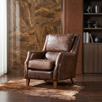 Fauteuil à oreilles Fauteuil Fauteuil de salon Fauteuil rembourré Vintage Cuir véritable