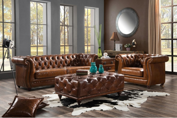 Ensemble de canapé Chesterfield vintage. Canapé en cuir rembourré 3+1 places. Ensemble de 2 pièces.