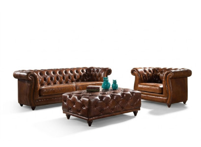 Ensemble de canapé Chesterfield vintage. Canapé en cuir rembourré 3+1 places. Ensemble de 2 pièces.