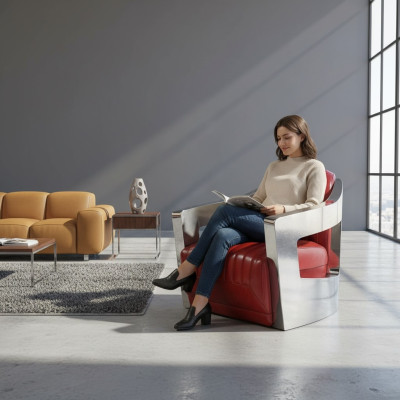 Chaise en cuir vintage pour avion rouge Véritable cuir style rétro Fauteuil design club