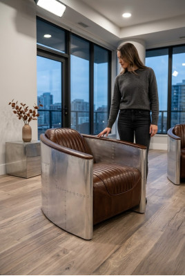 Canapé aviateur Fauteuil causeuse Club Lounge Avion Rétro Cuir véritable Aluminium vintage