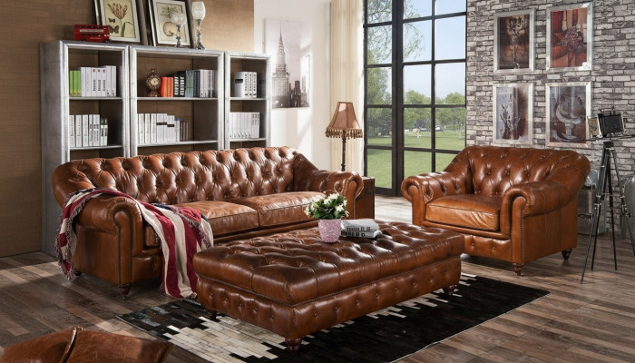 Ensemble de canapés Chesterfield vintage en cuir 3+1 places 2 pièces.