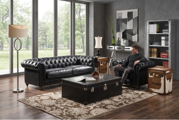 Canapé Chesterfield 3 places avec fauteuil en cuir noir vintage Style de mobilier 2 pièces. nouveau