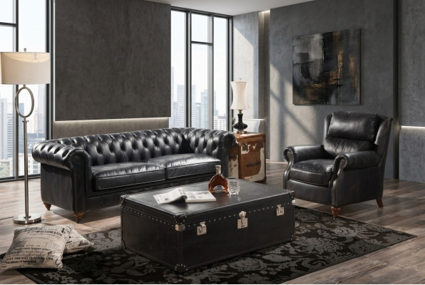 Canapé Chesterfield 3 places avec fauteuil en cuir noir vintage Style de mobilier 2 pièces. nouveau