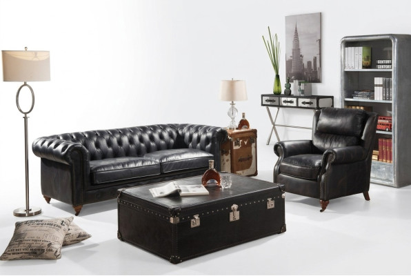 Canapé Chesterfield 3 places avec fauteuil en cuir noir vintage Style de mobilier 2 pièces. nouveau