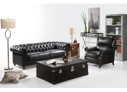 Canapé Chesterfield 3 places avec fauteuil en cuir noir vintage Style de mobilier 2 pièces. nouveau